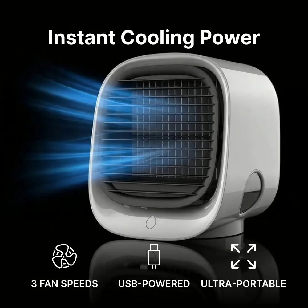 AiraBreeze portable air cooler official product shot: cool blue airflow streaming from the front vent, with icons for its 3 fan speeds and ultra-portable design